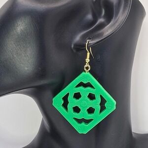 Jumbo Jade Tile Tiki Earrings Neon Green Shimmery Retro Statement Dangle Diamond